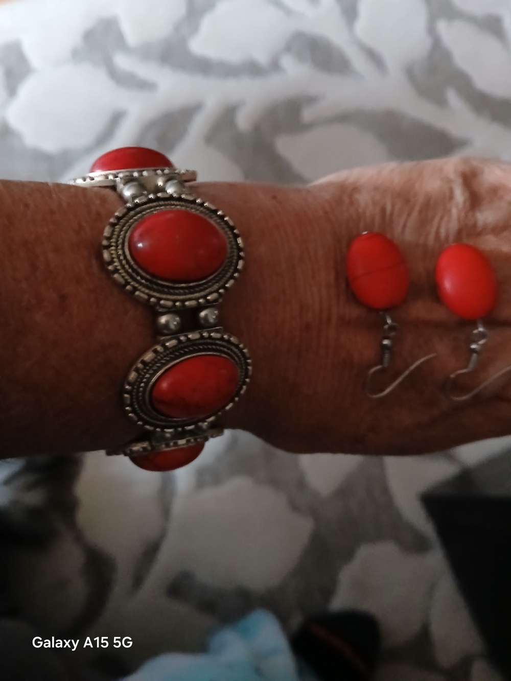 Red Stone Silver-Tone Bracelet and Earrings Set